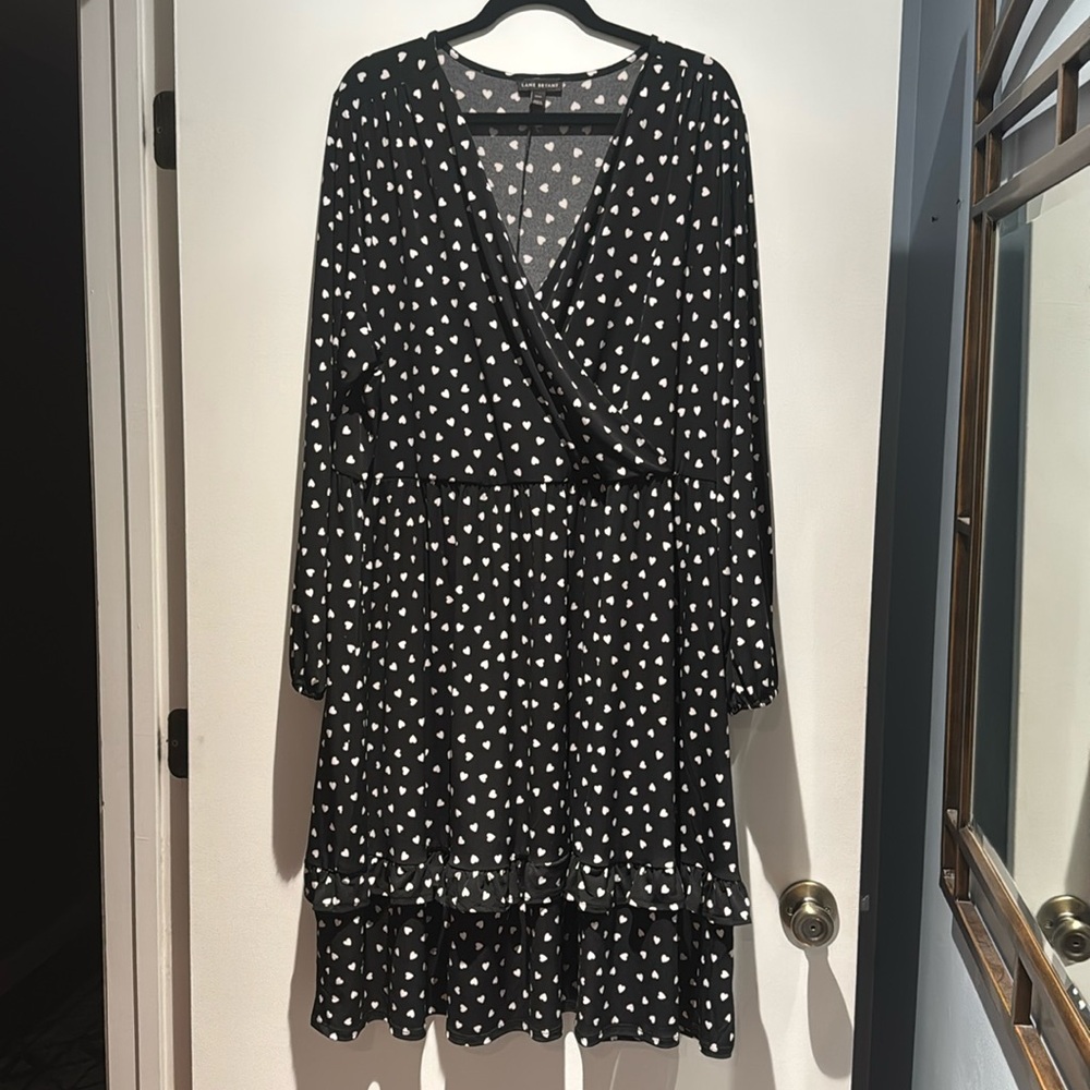 Lane Bryant Black with White Hearts Criss Front Long Sleeved Dress.  Size 3.